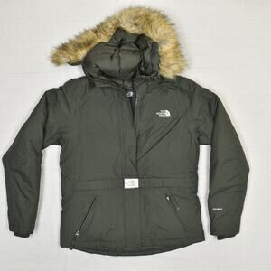 The North Face Dark Green Puffer Jacket with Faux Fur Hood